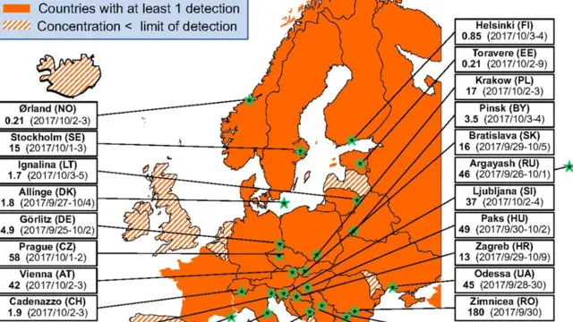 Mapa de los sitios donde se detectó material radioactivo
