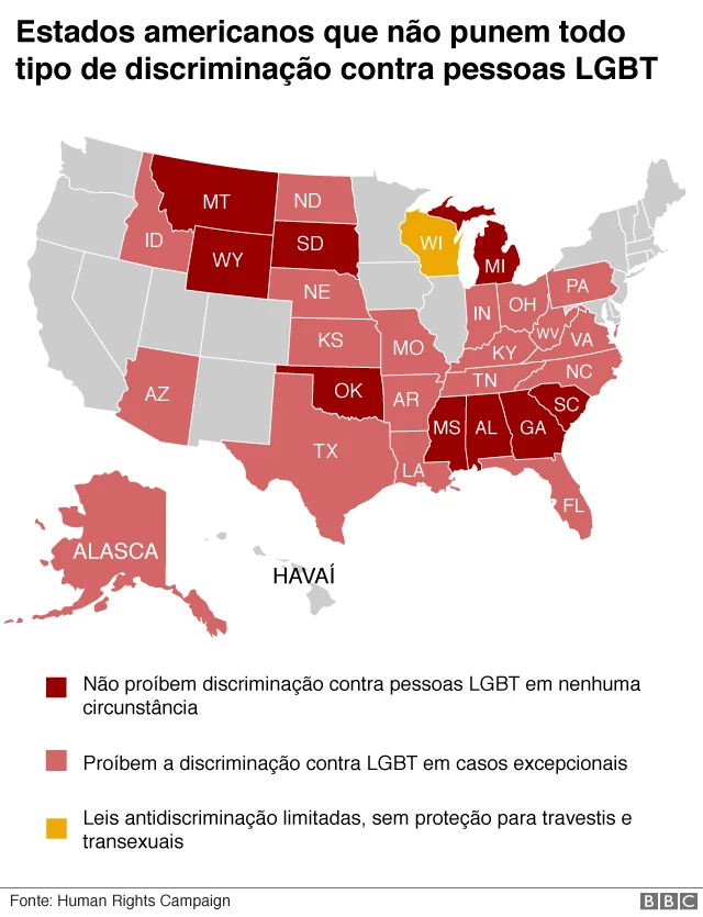 mapa com estados que não punem discriminação nos EUA