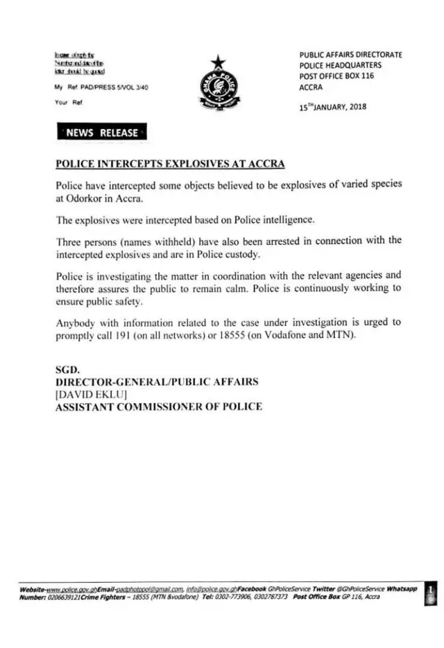 Statement from Ghana police of arrests