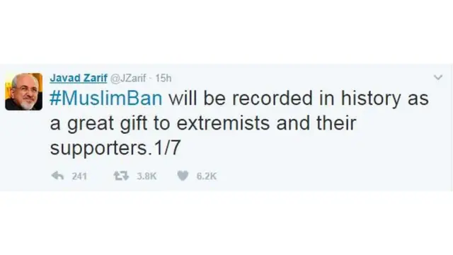 İran Dışişleri Bakanı Cevad Zarif: "#MüslümanYasağı tarihte aşırıcılara ve onların destekçilerine verilen büyük bir hediye olarak anılacak."