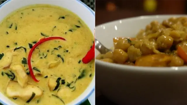 በግራ አሞክ ከሪ ከሬስቶራንት፣ በቀኝ የአክሊል ሽምብራ ወጥ "በሽሮ ፋንታ"