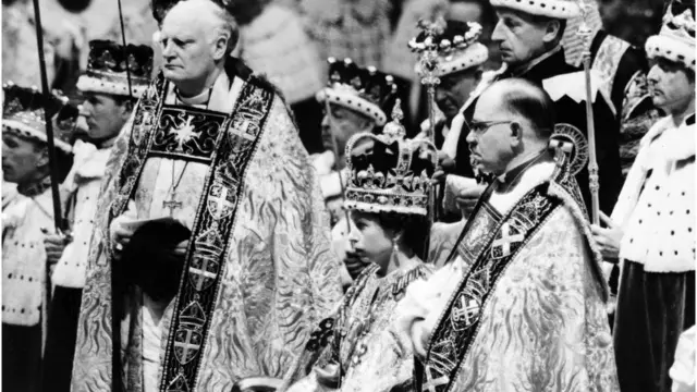 Queen Elizabeth II during her coronation ceremony on 2 June 1953 in Westminster Abbey, London