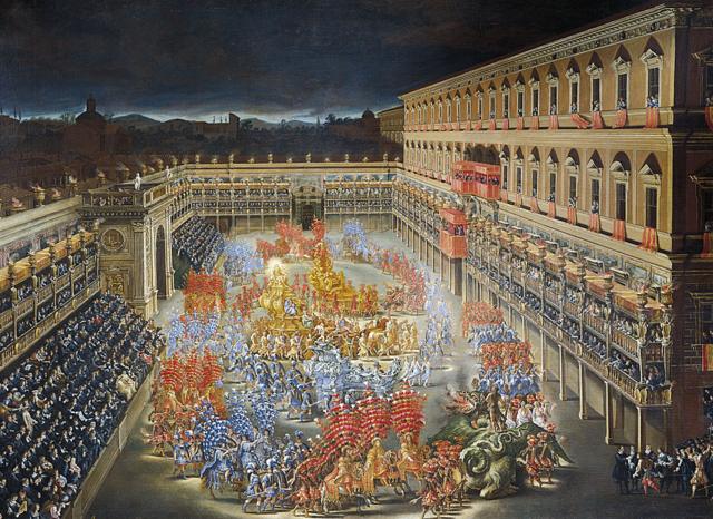 Las festividades en honor a la reina Cristina de Suecia en el patio del Palazzo Barberini, el 28 de febrero de 1656.