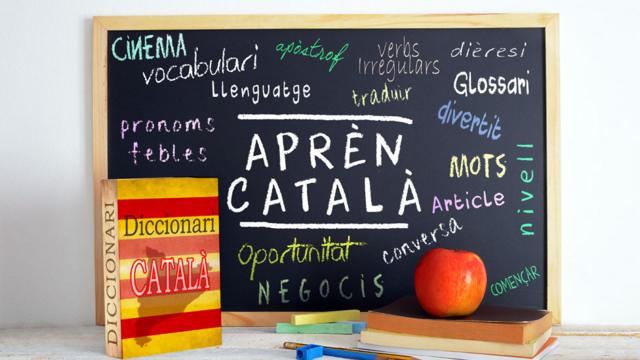 Pizarra con palabras en catalán y diccionario catalán.