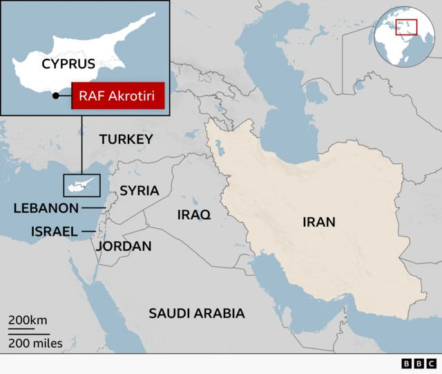 Map showing the eastern Mediterranean and Middle East. Cyprus is highlighted with an inset zooming in on the island, marking the location of RAF Akrotiri in the south. Surrounding countries labelled include Turkey to the north, Syria and Lebanon to the east, Israel and Jordan further south, and Iraq, Saudi Arabia, and Iran to the east. A scale bar indicates 500km and 200 miles. A small globe in the corner shows the region’s location