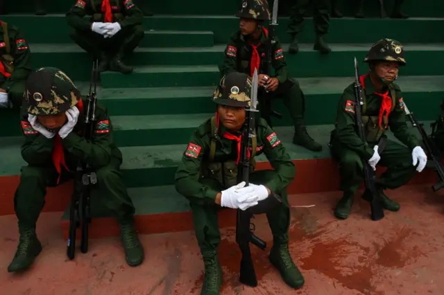 United Wa State Army (UWSA) soldiers rest during a rehearsal in Panghsang on April 15, 2019, ahead of a military parade to celebrate 30 years of a ceasefire signed with the Myanmar military. (Photo by Ye Aung THU / AFP) (Photo credit should read YE AUNG THU/AFP via Getty Images)