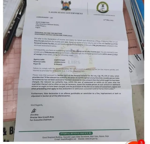 Aworan iwe ti ajọ to n mojuto sisan owo ori fi ranṣẹ si Iyabo Ojo