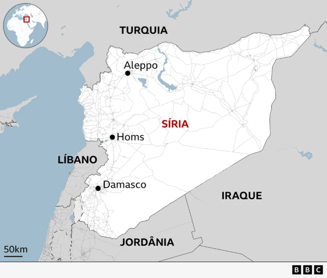 Mapa mostra localização da Síria, com Turquia ao norte, Líbano e Israel a oeste e sudoeste, Iraque a leste e Jordânia ao sul