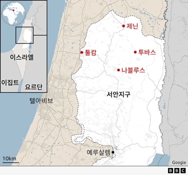 이스라엘군이 군사 작전을 펼친 서안 지구 내 제닌, 툴캄, 나블루스, 투바스 지역을 표시한 지도