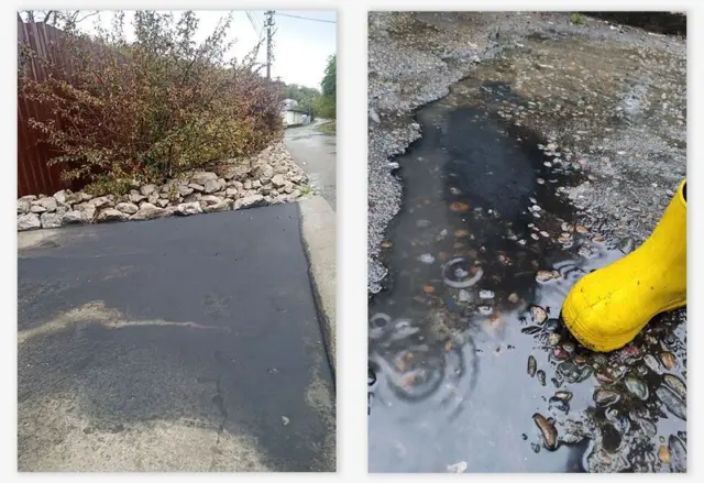 Два кадра, совмещенные в один: черная вода на улице и масляная пленка на луже крупным планом. 