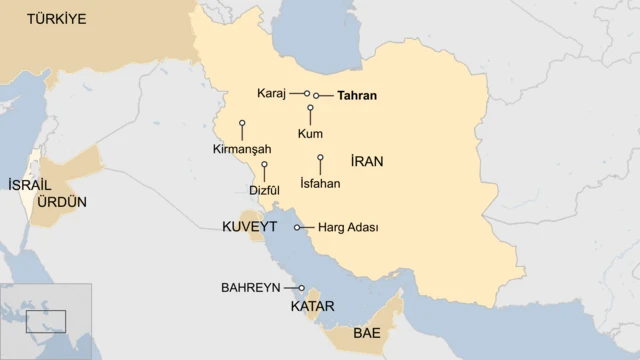 İran'da vurulan bazı şehirleri, BAE, Kuveyt, Ürdün, Katar Bahreyn, Türkiye ve İsrail'i gösteren harita