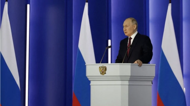 Russian President Vladimir Putin delivers his annual state of the nation address at the Gostiny Dvor conference centre in central Moscow on 21 February 2023