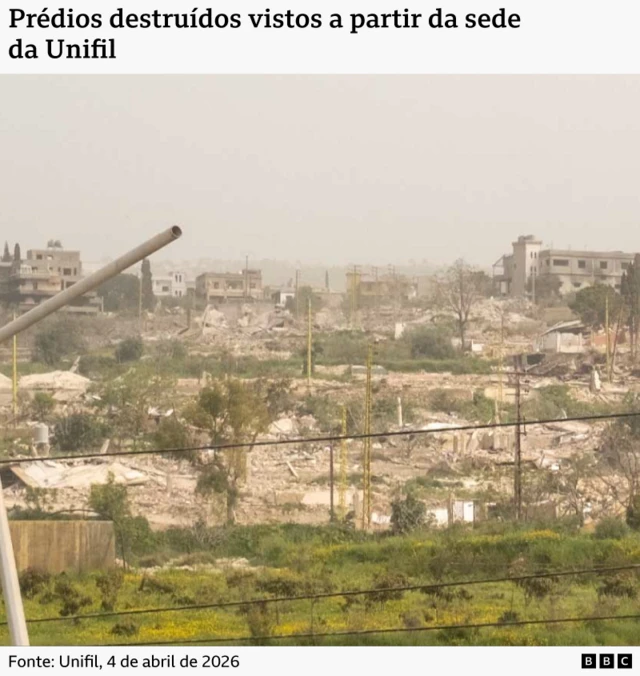 Uma imagem mostrando prédios destruídos no sul do Líbano vistos da base da Unifil