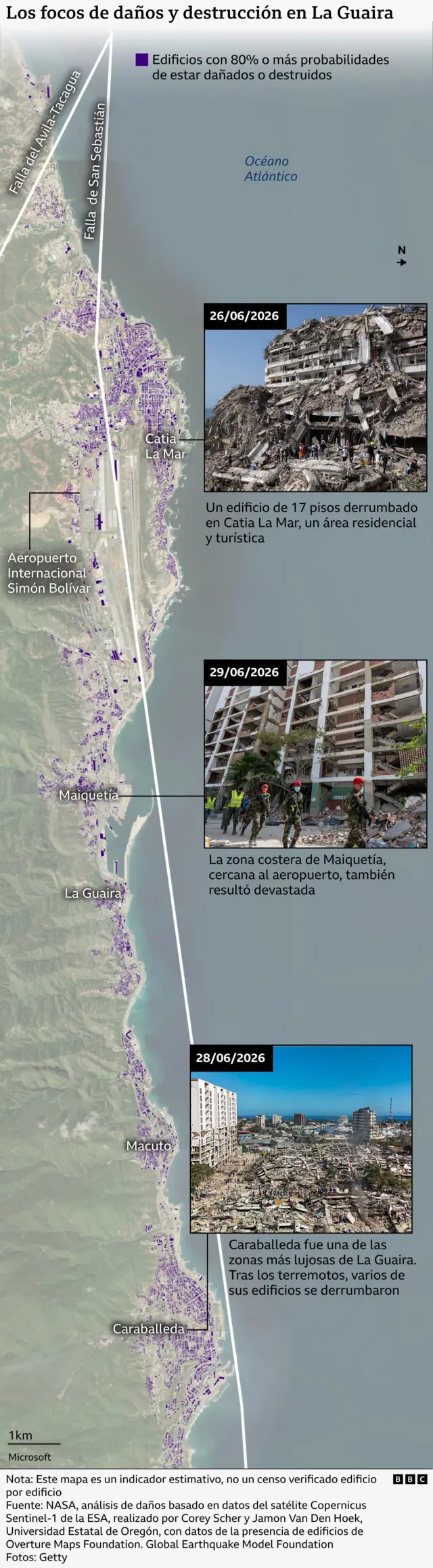 Mapa que muestra las zonas más afectadas en La Guaira, como Catia La Mar y Caraballeda.