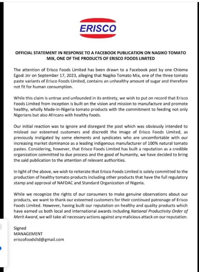 Erisco Foods Limited