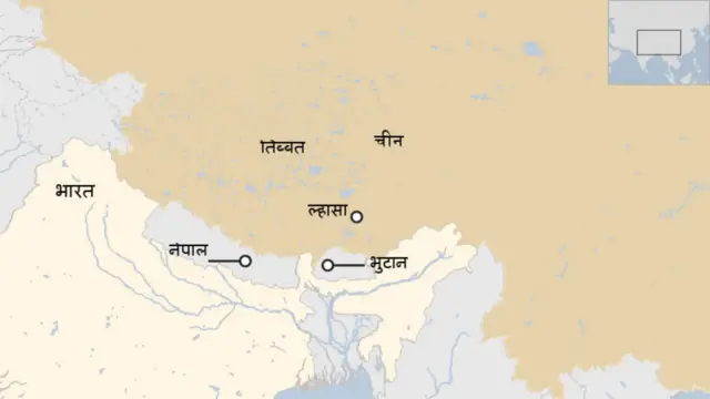 नेपालको नक्सा। भुटान, चीन र भारत पनि नक्सामा देख्न सकिन्छ। 