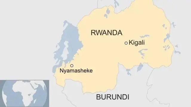 Ikarita y'u Rwanda igaragaza akarere ka Nyamasheke, mu majyepfo ashyira uburengerazuba bw'igihugu 