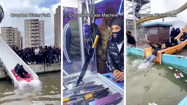 Obraz kompozytowy przedstawiający klatki z trzech filmów TikToka. Pierwszy z lewej przedstawia „Croydon Water Park” z czerwoną pontonem wpadającym do mętnej wody z szarej zjeżdżalni, a za nim tłum młodych mężczyzn w ciemnych ubraniach, z wieżowcami w oddali. Drugi, „Croydon Arcade Machine”, przedstawia młodego czarnoskórego mężczyznę w kominiarce i pikowanej kurtce, który obsługuje automat do gier z chwytakiem, próbując złapać jeden z kilku dużych noży. Trzeci, kolejny „Croydon Water Slide”, przedstawia grupę młodych mężczyzn w czarnych kapturach zjeżdżających do wody zardzewiałego basenu, wśród kołyszących się śmieci i puszek.