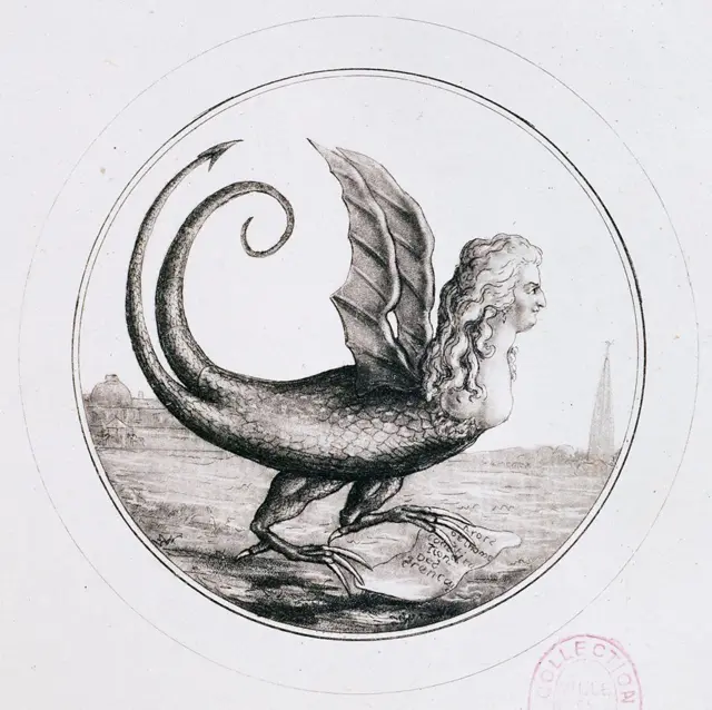 Una ilustración que retrata a la reina como una arpía mítica que destroza los derechos humanos y la Constitución.