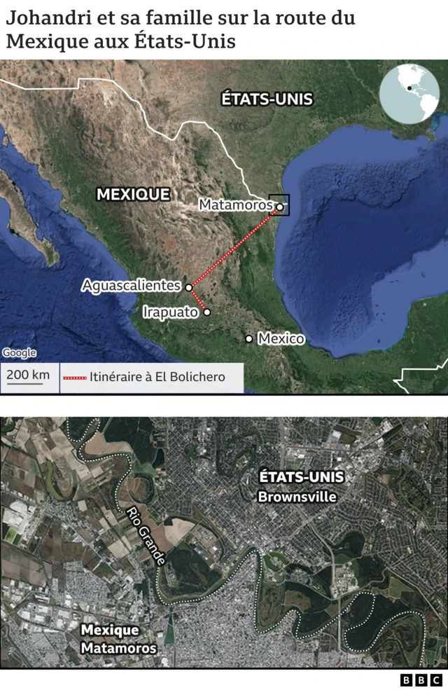 Carte de l'itinéraire de Johandri depuis le Mexique 