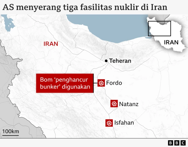 Tiga fasilitas nuklir Iran diserang AS