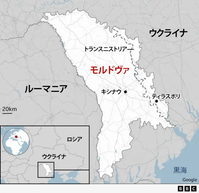 モルドヴァの地図。中部に主都キシナウがあり、北東部はウクライナと、南西部はルーマニアと国境を接している。ウまた、クライナとの国境沿いに、新ロシア派が実効支配する分離地域「トランスニストリア」が示されている