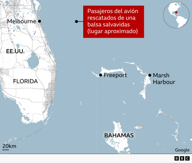 Un mapa que muestra el estado de Florida y las Bahamas. Dos puntos marcan el origen del vuelo y el lugar en el que se suponía que aterrizaría. Otro punto muestra dónde se estrelló el vuelo. Un cuarto punto muestra la ciudad de Melbourne, en Florida. 
