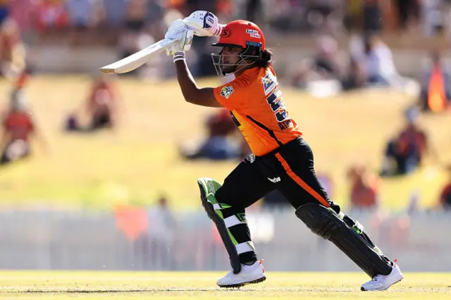 hamari Athapaththu of the Scorchers bats during the Women's Big Bash League match between the Perth Scorchers and the Hobart Hurricanes at the WACA, on November 06, 2021, in Perth, Australia.