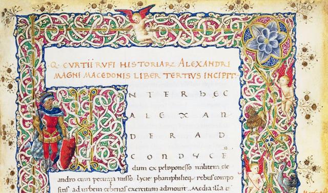 Página ilustrada de 'História de Alexandre Magno', de Quinto Cúrcio Rufo, em latim.