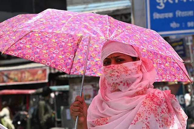 ਗਰਮੀ ਤੋਂ ਬਚਣ ਲਈ ਛਤਰੀ ਦਾ ਆਸਰਾ ਲੈਂਦੀ ਮਹਿਲਾ ਦੀ ਤਸਵੀਰ