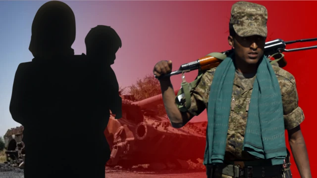 የፋኖ ታጣቂ እና ልጅ ያቀፈች እናት ከጀርባቸው የቆመ ታንክ