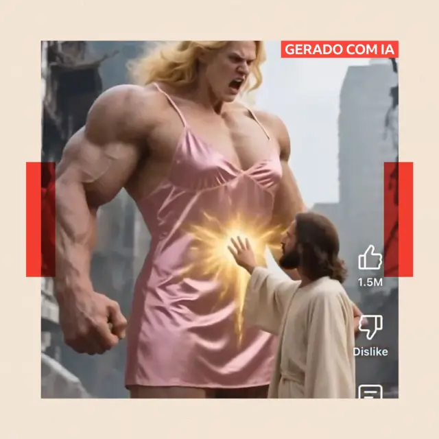 Imagem gerada por inteligência artificial de uma mulher enorme e musculosa, usando um vestido rosa; uma figura que se assemelha a Jesus toca seu abdômen. 
