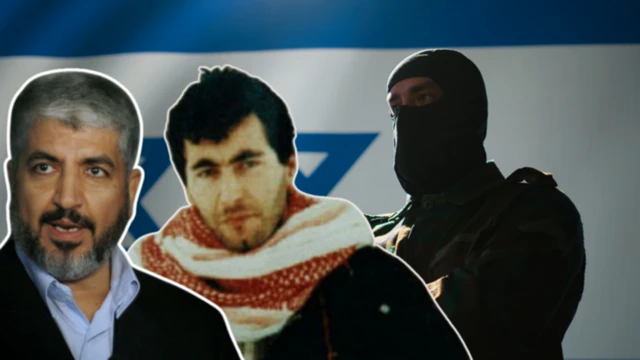 હમાસના નેતા ખાલિદ મિશાલ (ડાબે) અને યાહ્યા અયાશ (વચ્ચે) અને પૃષ્ઠભૂમિમાં ઇઝરાયલનો રાષ્ટ્રધ્વજ 