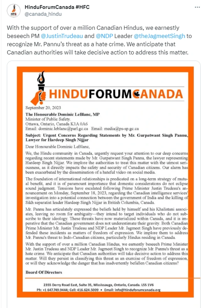 हिंदू फोरम कनाडा का ट्वीट