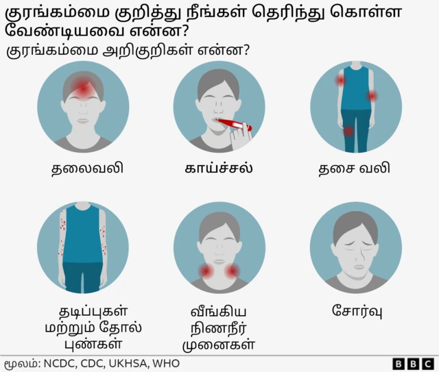 குரங்கம்மை(MPox) பாதிப்புக்கு ஆளானவர்கள் காய்ச்சல், தலைவலி, தசை வலி போன்றவைகளால் அவதிப்படுவார்கள்.