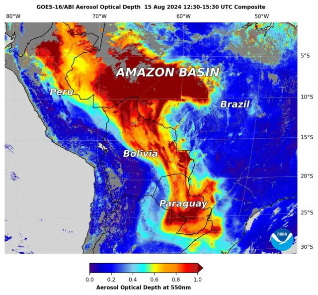 Mapa mostra uma mancha vermelho no norte do Brasil, Bolívia, Paraguai e o Sul do brasil