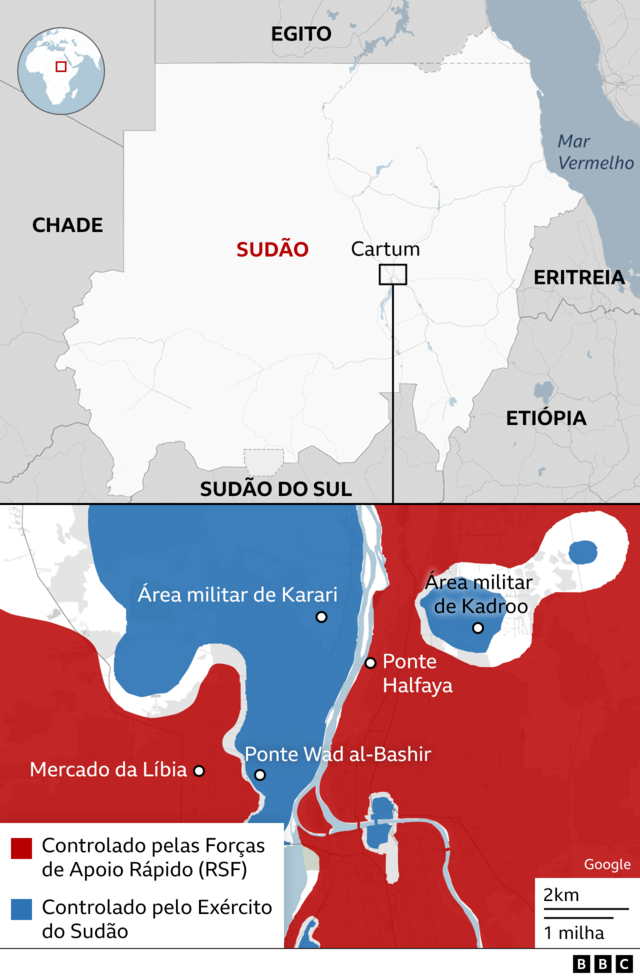 Mapa mostrando ambos os lados controlam diferentes partes de Cartum