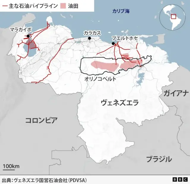 コロンビア、ブラジル、ガイアナとの国境を示すヴェネズエラの地図。ヴェネズエラの領域内には主要な石油パイプラインと油田が表示されている。中央部にはオリノコベルトの輪郭が黒線で示されている
