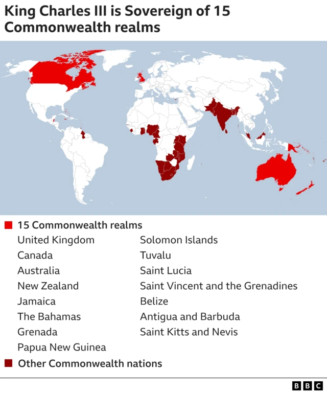 ‘영연방 왕국’ 15개국과 그 외 영연방 집합체 회원국 위치