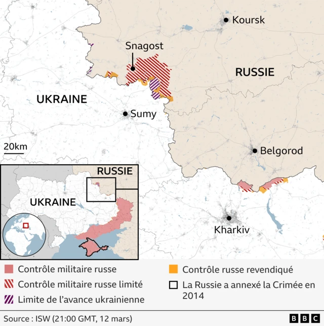 Carte montrant les zones de Koursk que la Russie a reprises à l'Ukraine, et une zone plus petite qui marque la limite de l'avancée ukrainienne.