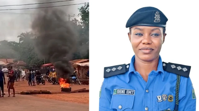 Foto of Udeme Edet, Benue state police tok-tok pesin and protesters wey set bonfire during one protest for Otukpo-Nobi community 