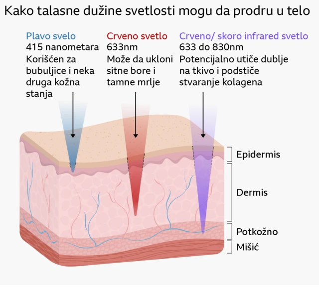 Ilustrovana grafika koja prikazuje kako različite talasne dužine svetlosti prodiru u kožu. Plava svetlost na 415 nanometara dopire do površinskih slojeva kože poznatih kao epidermis i označena je kao sredstvo za lečenje akni i nekih drugih kožnih oboljenja. Crvena svetlost na 633 nanometara prodire dublje u telo, u područje poznato kao dermis, i označena je kao sredstvo koje potencijalno smanjuje fine linije i tamne mrlje. Crvena i bliska infracrvena svetlost između 633 i 830 nanometara dopire do potkožnog sloja tela i označena je kao sredstvo koje potencijalno deluje na dublje tkivo i podstiče kolagen.