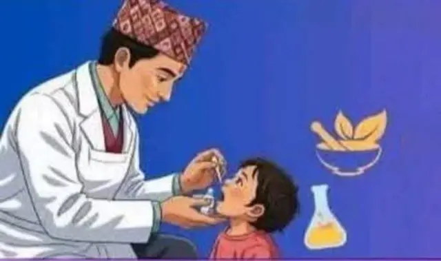 एक चिकित्सकले एक बालकलाई स्वर्णप्राशन बिन्दु सेवन गराउँदै गरेको चित्राङ्कन
