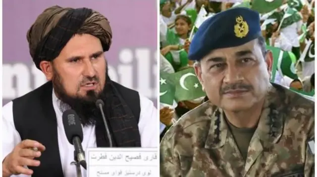 عاصم منیر، فرمانده ارتش پاکستان و فصیح‌الدین فطرت، فرمانده نیروهای طالبان. تنش‌های نظامی و لفظی میان پاکستان و 