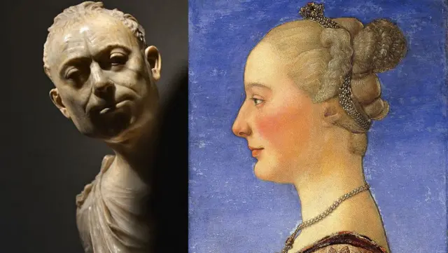 Escultura de hombre mirándote de frente, con carácter, y retrato de mujer plano, de perfil