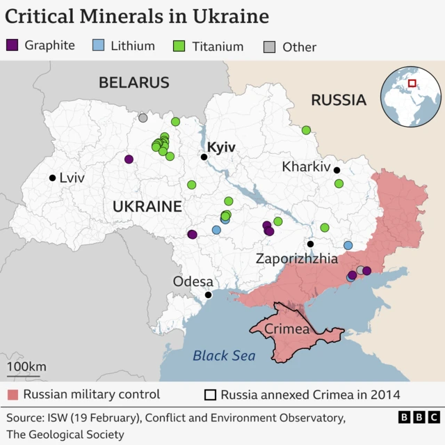 A map showing where critical minerals are located in Ukraine