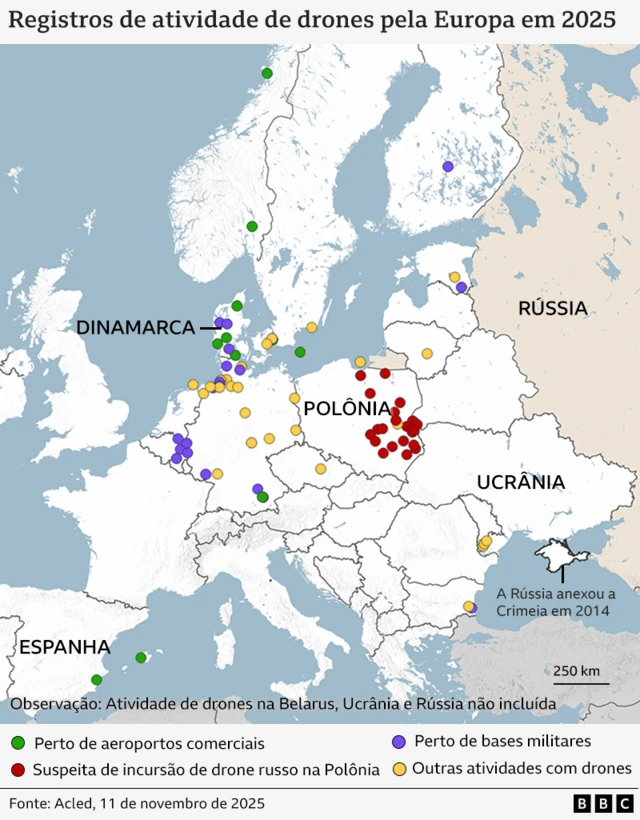 Mapa da atividade de drones registrada na Europa em 2025 — que inclui a suspeita de incursão de drone russo na Polônia e casos próximos a aeroportos e bases militares