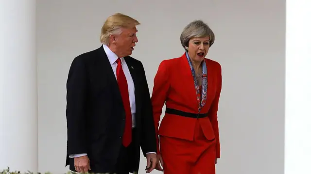 হোয়াইট হাউজে ডোনাল্ড ট্রাম্পের সঙ্গে যুক্তরাজ্যের তৎকালীন প্রধানমন্ত্রী থেরেসা মে।