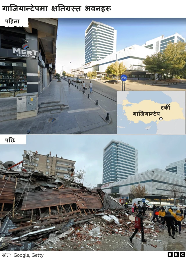 भूकम्प अघि र पछिका दृश्य