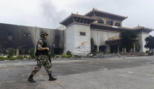 सङ्घीय संसद्को जलेको भवनबाहिर एक सैनिक